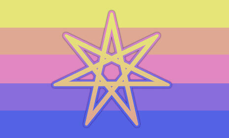 A rectangular flag with five stripes. The flag is horizontally symmetrical. The stripes are in these colors, as follows: yellow, salmon pink, hot pink, purple & deep blue. The symbol in the middle is the seven-pointed Otherkin star, with the gradient on th