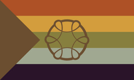 a rectangular flag with 5 stripes. The color of the stripes in order is: red, yellow, green, light blue, and dark blue. The flag has a slight brown tint, and a brown triangle takes up part of the left side. The flag has the concept kin symbol in the middle