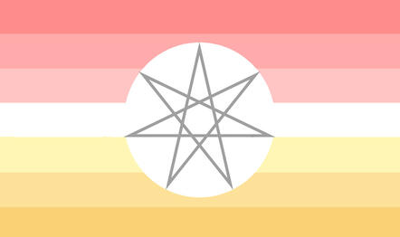 A rectangle flag with 7 stripes. The color of the stripes in order are: Dark salmon, Salmon, Light salmon, white, light yellow, yellow, dark yellow. In the center of the flag there is a plain white circle with the Otherkin symbol in the middle of it.