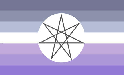 A rectangle flag with 7 stripes. The color of the stripes in order are: Dark grey blue, Grey blue, Light grey blue, white, light lilac, lilac, dark lilac. In the center of the flag there is a plain white circle with the Otherkin symbol in the middle of it.