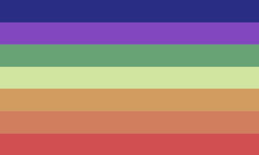 A flag with 7 equall stripes. In order the colors are :dark indigo, muted purple, muted forest green, muted light yellow, muted orange, muted orange-red, muted red