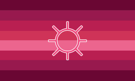 A rectangular flag with eight equally sized stripes. The colors in order from top to bottom are: dark hot pink, dark fuchsia, hot pink, rose, blush pink, hot pink, dark fuchsia, and dark hot pink. In the center of the flag is a pink-red sun outlined in whi