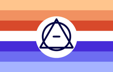 A rectangle flag with 7 stripes. The color of the stripes in order are: light yellow ish orange, orange, dark orange red, white, dark vivid blue, periwinkle, light periwinkle. In the center of the flag there is a plain white circle with the Therian symbol