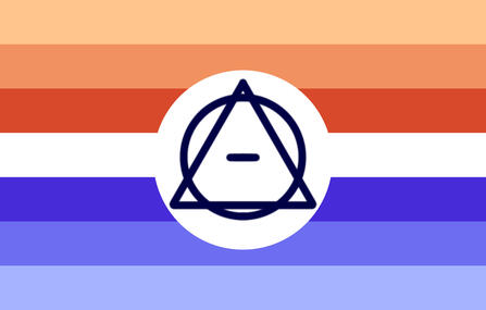 A rectangle flag with 7 stripes. The color of the stripes in order are: light yellow ish orange, orange, dark orange red, white, dark vivid blue, periwinkle, light periwinkle. In the center of the flag there is a plain white circle with the Therian symbol