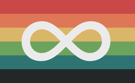 a rectangular flag with six horizontal stripes, in the following colors: soft red, orange, light yellow, light green, cyan and very dark gray. In the middle is a white infinity symbol.